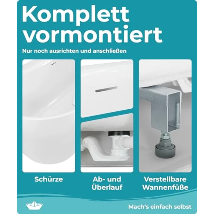 Calmwaters Badewanne Seamless Comfort, 5-tlg. Komplettset, 180 x 80 cm, fugenlos mit Pop-Up-Ventil, für 2 Personen, modulare Montage, 02SL6224 – Bild 4