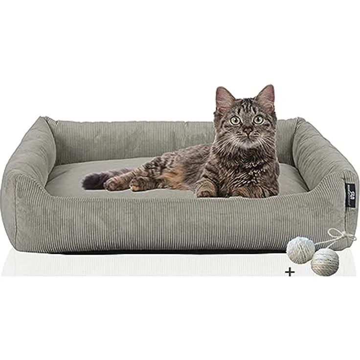 Rohrschneider Katzenbett Cordstoff mit Spielkugelset (Grau, feiner Cordstoff) – Bild 1