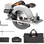 WORX NITRO WX520 Akku-Kreissäge – 190mm Schneideblatt – leistungsstarke bürstenloser Motor – 6100 U/min – max. Schnitttiefe 65mm (90°) – 0-57° Schrägschnitt – inkl. 4Ah Akku & Schnellladegerät
