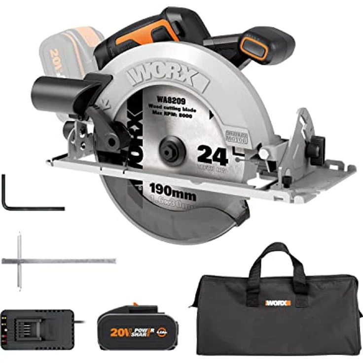 WORX NITRO WX520 Akku-Kreissäge – 190mm Schneideblatt – leistungsstarke bürstenloser Motor – 6100 U/min – max. Schnitttiefe 65mm (90°) – 0-57° Schrägschnitt – inkl. 4Ah Akku & Schnellladegerät – Bild 1