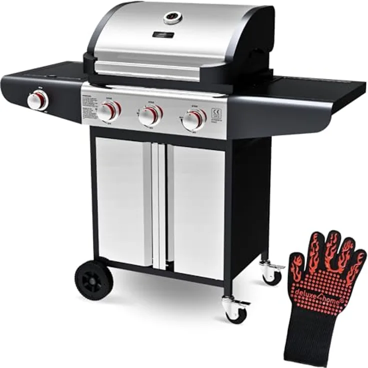 deluxe4home® Gasgrill BBQ Grillwagen mit Deckel I 3+1 Seitenbrenner XXL Grill Rollbar Seitenablage I inkl. Grillhandschuh und Grillthermometer I Rollgrill Standgrill