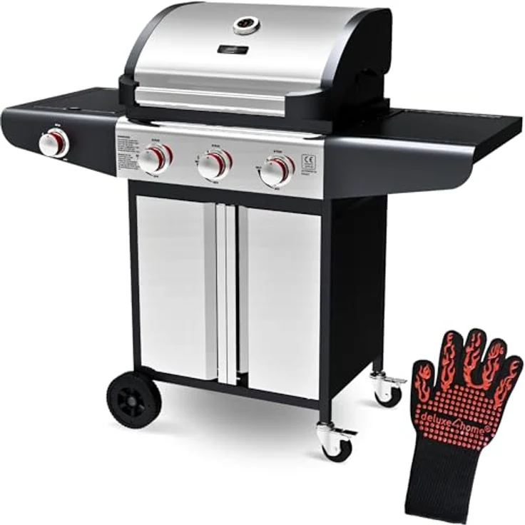 deluxe4home® Gasgrill BBQ Grillwagen mit Deckel I 3+1 Seitenbrenner XXL Grill Rollbar Seitenablage I inkl. Grillhandschuh und Grillthermometer I Rollgrill Standgrill – Bild 1