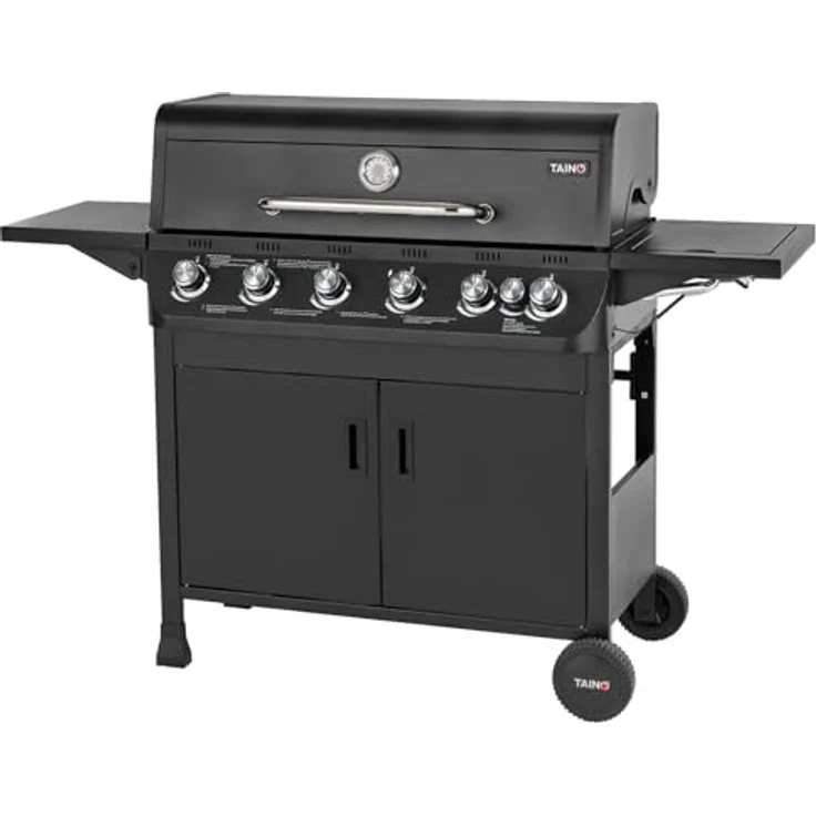TAINO BRANDO 6+1 Gasgrill, 6 Edelstahl-Hauptbrenner, Seitenkocher, klappbarer Seitentisch, integriertem Thermometer, 77x34 cm Grillfläche – Bild 2