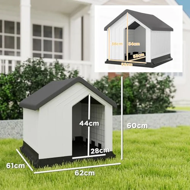 PawHut Hundehütte Outdoor Hundehaus mit Asphaltdach, Fenster, Wetterfest Kleintierhaus, Hundehöhle für Mini und kleine Hunde Grau 62 x 61 x 60 cm – Bild 5