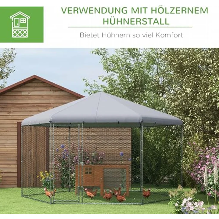 PawHut Hühnerstall 400 x 346 x 263 cm, Freilaufgehege aus verzinktem Stahl für 10-15 Hühner, grau – Bild 4