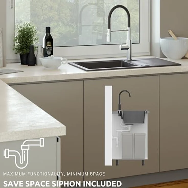 QUADRON PETER 111 Spülbecken 1-Becken Granitspüle, 78 x 50 x 20 cm, Soft Taupe, inkl. Siphon und integrierter Abtropffläche – Bild 8