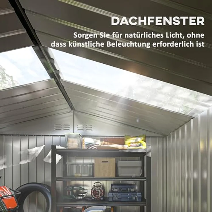 Outsunny Verzinkter Stahl Gerätehaus 4,9m² 277x195x192cm Geräteschuppen mit Satteldach, Fundament, Abschließbarer Schiebetür, wetterfest Hellgrau – Bild 3