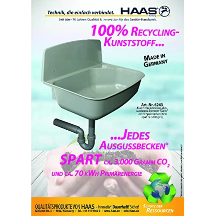 Haas Otto Kunststoffspüle Kunstsoff-Universal-Ausgussbecken "Greta", 36.7/52.6 cm, Grau, CO2 und Primärenergie sparend – Bild 3