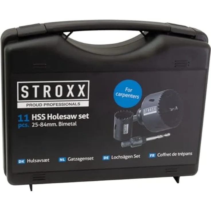 STROXX® Lochsäge-Set HSS Bimetall |11tlg.| 25/35/40/51/60/64/68/76/84mm | für Holz, Metall, Aluminium, Plastik und Edelstahl | inkl. 2 Halterungen