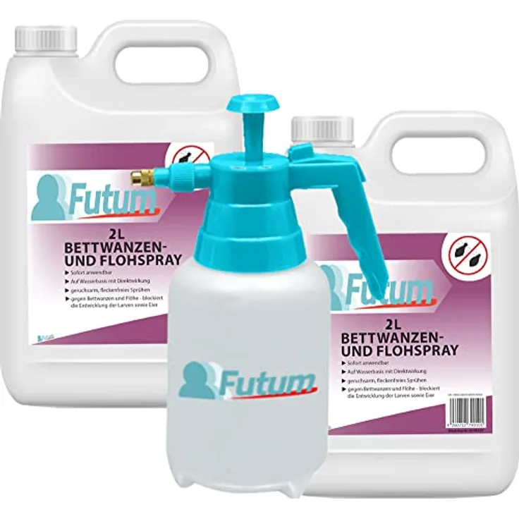 Futum Bettwanzen Spray Floh-Mittel 2x2L+2L Sprüher Bettwanzen Flöhe bekämpfen Innen & Außen Auf Wasserbasis mit Langzeitwirkung