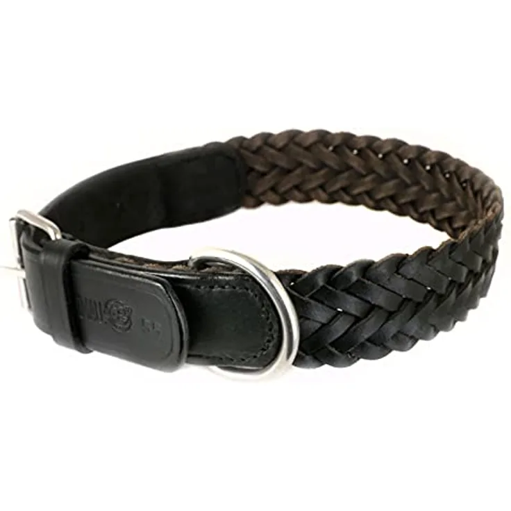 Monkimau Hundehalsband - Halsband für Hunde schwarz echt Leder geflochten verstellbar (18mm x 40cm)