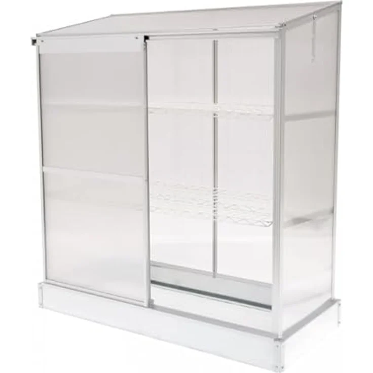 Grindi - Polycarbonat Frühbeet Treibhaus Gewächshaus mit aufklappbarem Dach, Schiebetür und 2 Regalen - Hosta, 130x58x140 - Wandgewächshaus für Garten, Balkon und Terrasse - Aluminiumrahmen, 4mm Polycarbonatverglasung - in Silber – Bild 2