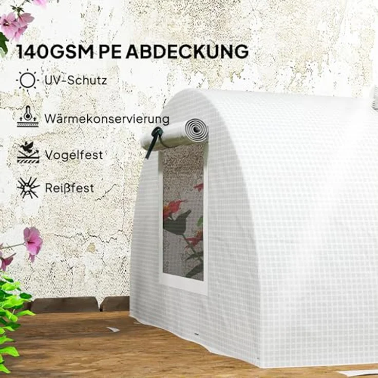 Outsunny Gewächshaus mit Rollfenster Runddach, Winterfest Foliengewächshaus aus Stahl wasserabweisend Treibhaus für Balkon Tomatenhaus mit UV Schutz 300x80x45cm Tomatengewächshaus für Gemüse, Weiß – Bild 3