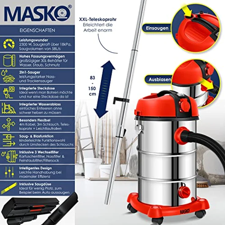 Masko® Industriestaubsauger Staubsauger Nass Trocken Sauger Edelstahl 2300W + Steckdose | Blasfunktion | Trocken-Saugen & Nass-Saugen | Push&Clean | Industrie-Sauger mit & ohne Beutel | beutellos – Bild 2