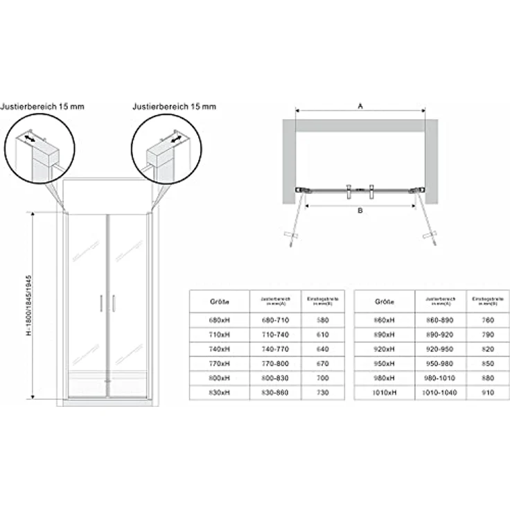 i-flair Duschtür 89-92 cm, 185 cm Höhe, satiniertes 6 mm Sicherheitsglas, mit Edelstahlgriffen und Nano-Beschichtung – Bild 6