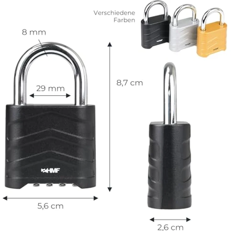 HMF Vorhängeschloss mit 4-stelligem Zahlencode, robustes Aluminiumlegierung Schloss, 5,6 x 2,6 x 8,7 cm, Schwarz – Bild 5