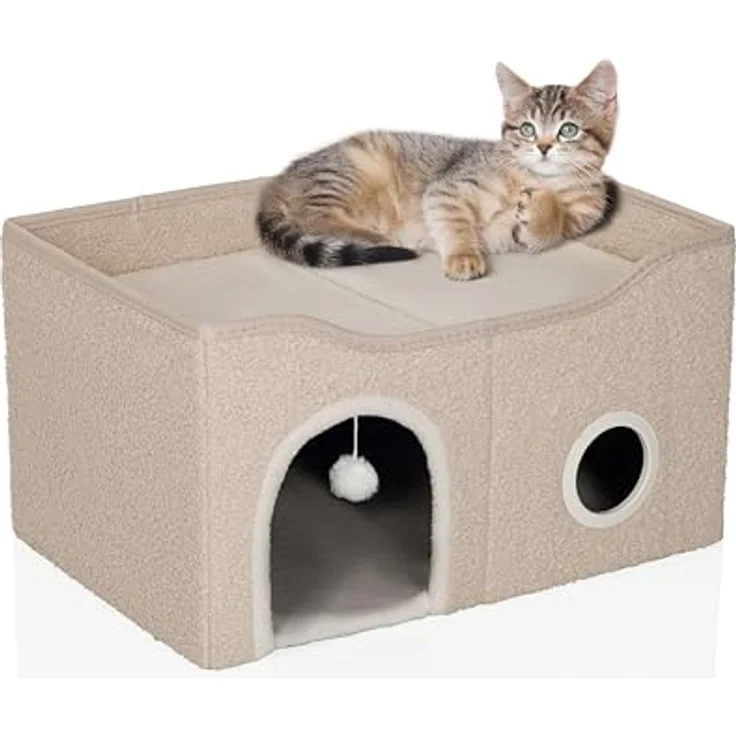 hjh LIVING Pawy Eb Katzenkorb, eckiges Hundebett + Katzenbett mit faltbarem Design, stabiler Konstruktion und Kratzbrett, Bouclé-Stoff, inklusive Teddy-Kissen – Bild 1
