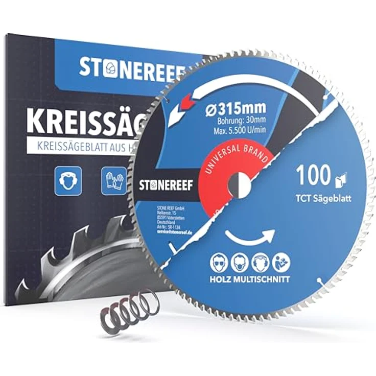 STONE REEF Kreissägeblatt 315 x 30 mm für Holz & Kunststoff, 100 Zähne, inkl. Adapterringe 25,4/22,23/20/16 mm, für Tisch-, Kapp- & Gehrungssägen – Bild 1
