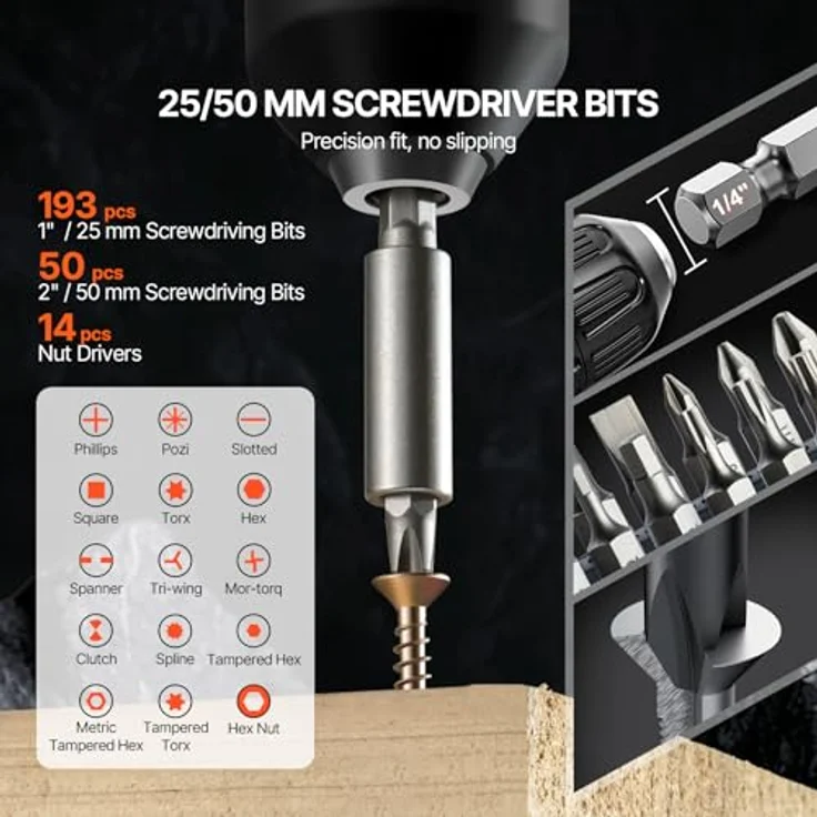 VEVOR 318-teiliges Bohrer- und Bit-Set für Bohrmaschine, hochwertige HSS- und CR-V-Bits, mit Transporttasche für Holz, Metall und Mauerwerk – Bild 4
