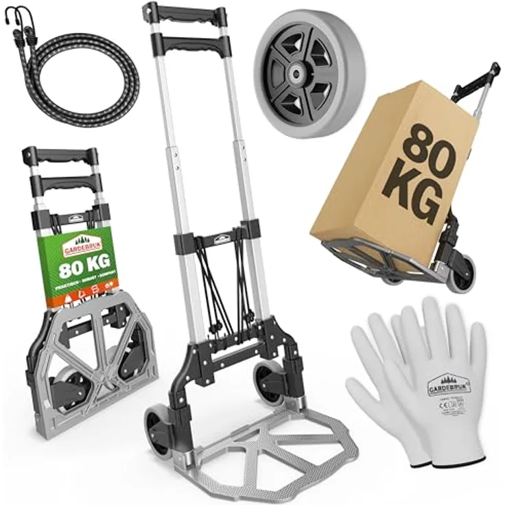 Gardebruk Sackkarre, Aluminium klappbar, 80 kg Tragkraft, verstellbarer Teleskopgriff, inkl. Handschuhe und Expanderseile