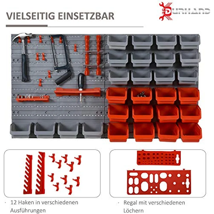 DURHAND Wandregal mit 44 tlg. Stapelboxen, Werkzeuglochwand und Werkzeughalter in Rot, 54x22x95 cm, belastbar bis 30 kg – Bild 5