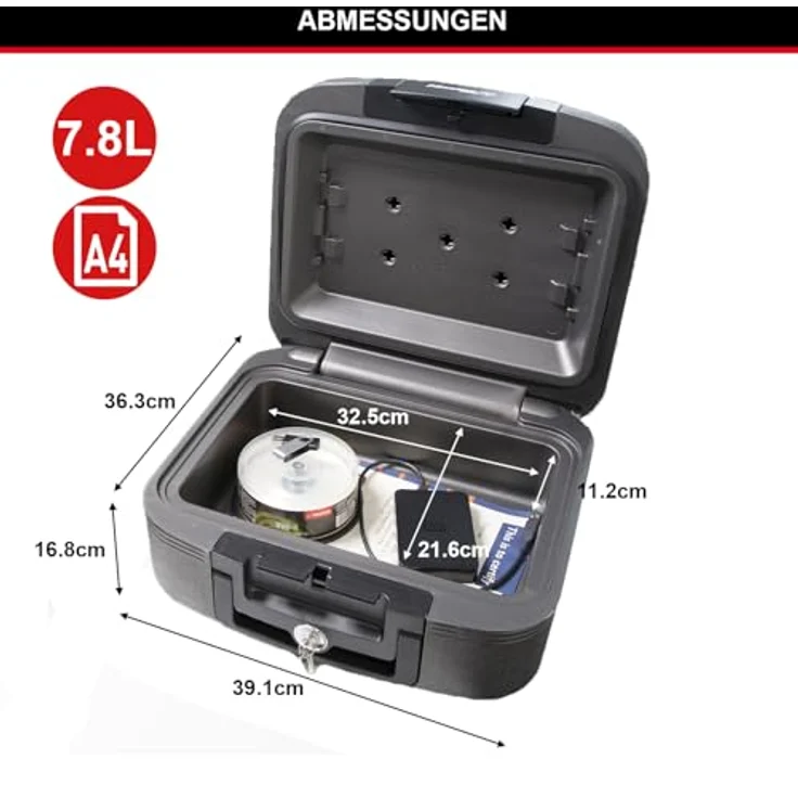 MASTER LOCK Sicherheitskassette [Feuer- und Wasserfest] [Medium] [Schlüsselschloss] LCHW20101 Für Ausweise, A4-Dokumente, kleine Elektrogeräte, Juwelen usw. – Bild 6