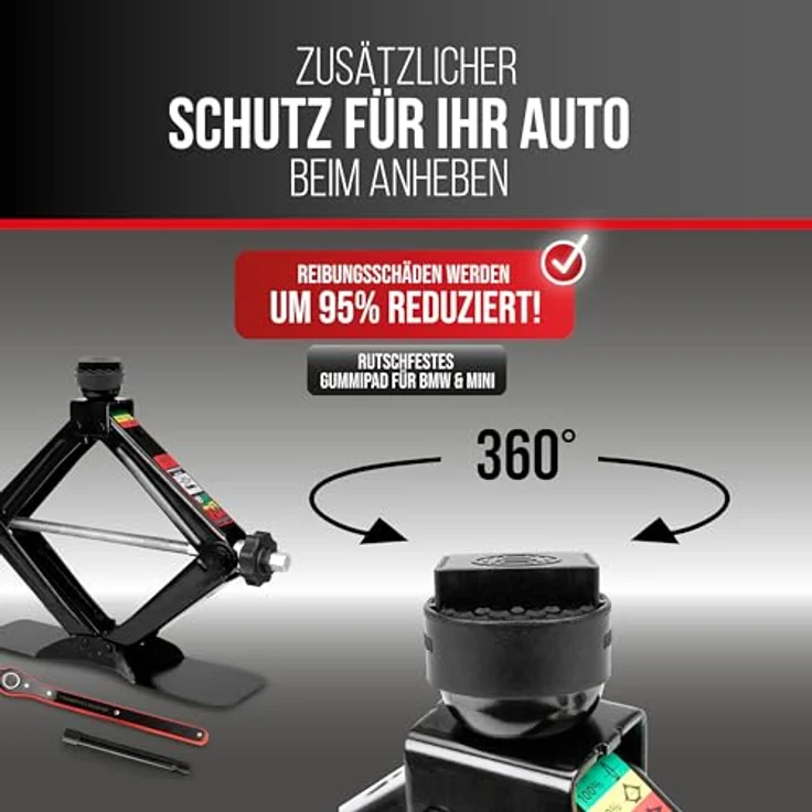 HEYNER® Scherenwagenheber 2 t für BMW 5er G60 (2023–), runder Sattel, austauschbare 360° Gummiauflage, Hub 125–470 mm, 17 mm Ratsche & Drehknauf, Standfuß 30×8 cm, bis −50 °C – Bild 8