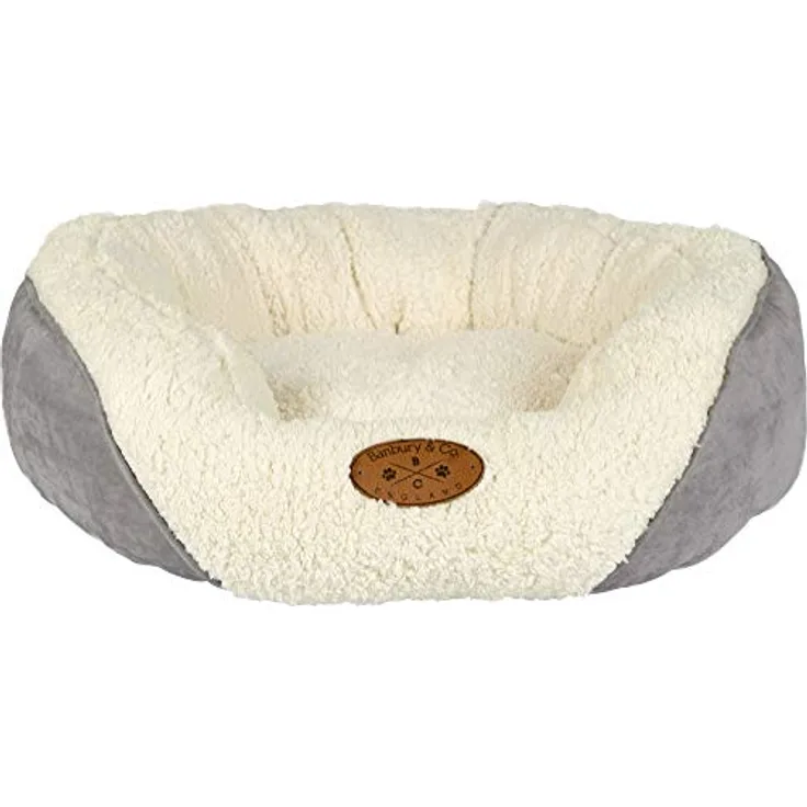 Pet Brands Banbury & Co Luxus-Hundebett / -Katzenbett, klein, superweich mit künstlichem Schafspelz, abnehmbarem Kissen, PU Abzeichen, zweite Farboption, waschbar