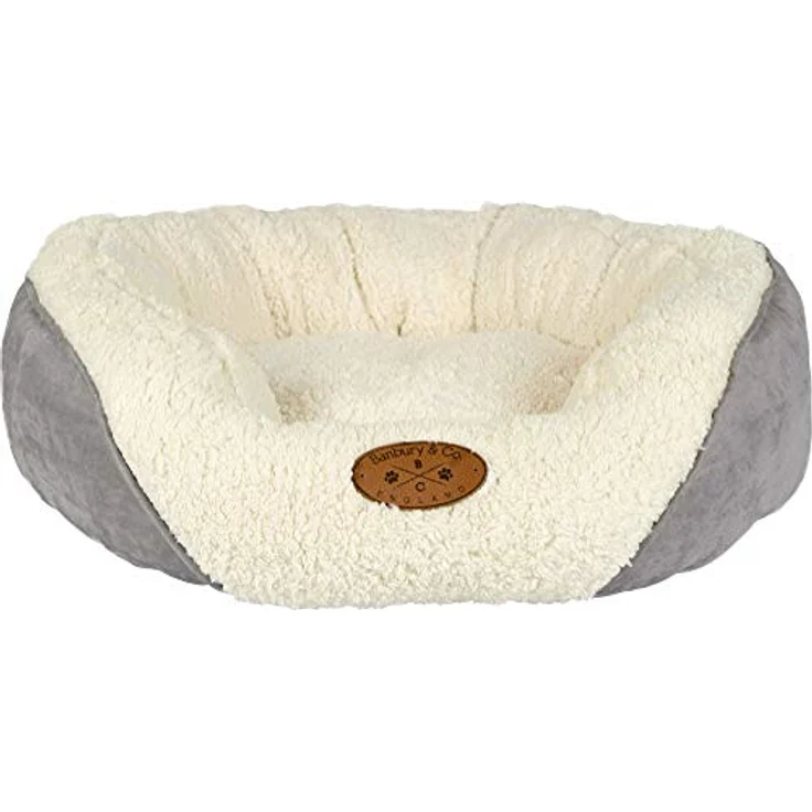 Pet Brands Banbury & Co Luxus-Hundebett / -Katzenbett, klein, superweich mit künstlichem Schafspelz, abnehmbarem Kissen, PU Abzeichen, zweite Farboption, waschbar – Bild 1