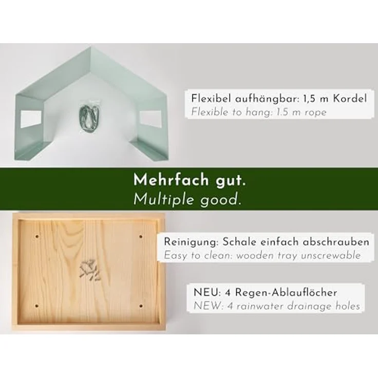 WONDERMAKE® Großes Design Vogelhaus aus Metall und Holz wetterfest zum Aufhängen, modernes Vogelfutterhaus XL Metalldach hängend, Vogelhäuschen Futterhaus für Vögel, Edelstahl Kiefer, türkis-grau mint – Bild 4