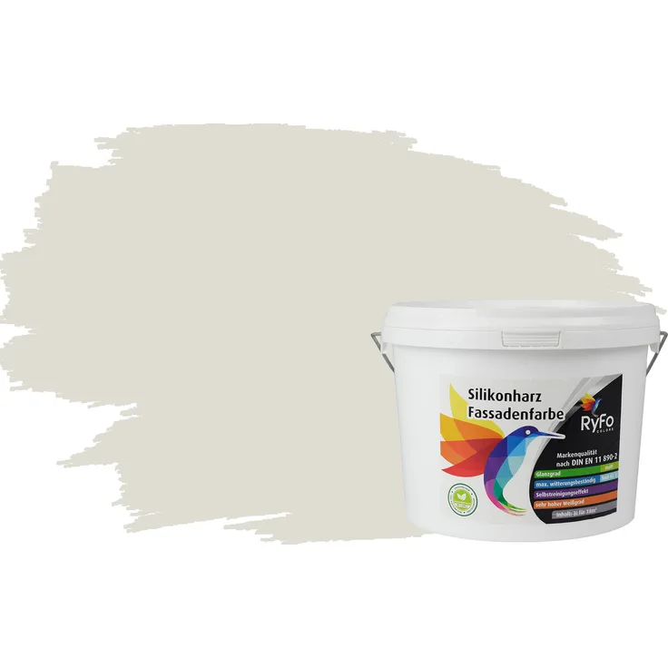 RyFo Colors Silikonharz Fassadenfarbe Lotuseffekt Trend Weißgrau 3l - bunte Fassadenfarbe, weitere Grau Farbtöne und Größen erhältlich, Deckkraft Klasse 1
