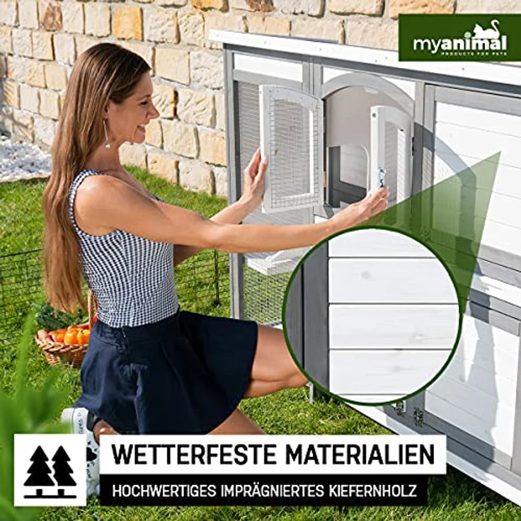 Miweba MyAnimal Hasenstall MH-02 | 140x48x108 cm - Kaninchenstall - Doppelstockhaus 2 Ebenen - Hasenkäfig - Kiefernholz imprägniert - Kaninchenkäfig Winterfest - Indoor und Outdoor (Grau/Weiß) – Bild 5
