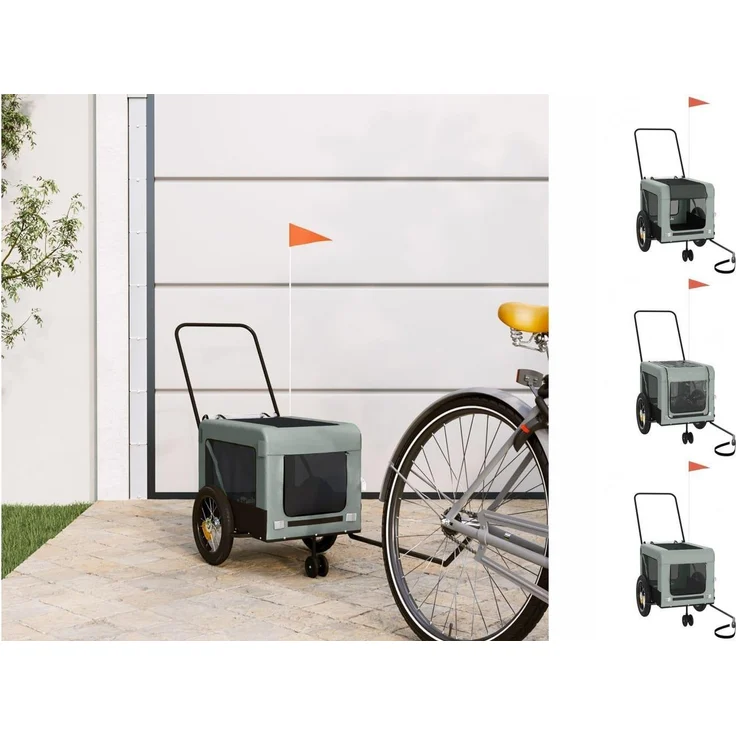 vidaXL Hunde-Transportbox Fahrradanhänger Grau und Schwarz Oxford-Gewebe und Eisen, für kleine Hunde bis 30 kg, mit PVC-Dach und reflektierenden Elementen – Bild 1