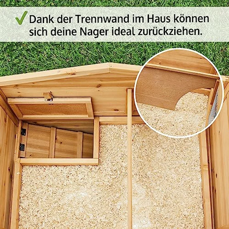 zooprinz großer Hasenstall, Kaninchenstall mit extra hoher Kotschublade aus massiven Vollholz - für draußen mit Öffnungsdach, natürliche Farbe – Bild 4