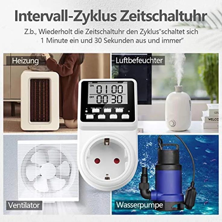 NOVKIT Intervall Digitale Zeitschaltuhr Steckdose, unendlicher Zyklus, 3 Schaltprogramme, Countdown-Funktion für Innen (230V / 16A / 3600W) – Bild 3