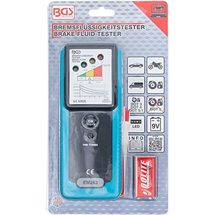 BGS TECHNIC Bremsflüssigkeitstester mit 4 LED-Anzeige, geeignet für DOT3, DOT4, DOT5.1, inkl. Warnanzeige bei leerer Batterie – Bild 4