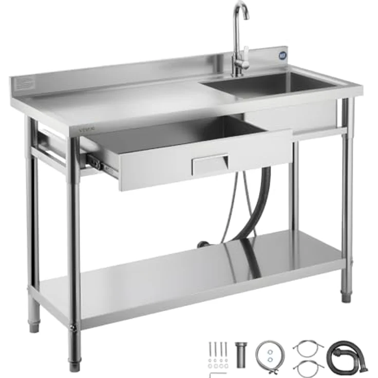 VEVOR Spültisch Spülbecken Edelstahl (120 x 50 x 94 cm), 4 in 1 Multifunktionsdesign mit 360° Wasserhahn & Schublade, ideal für Garage, Restaurant und Außennutzung – Bild 1