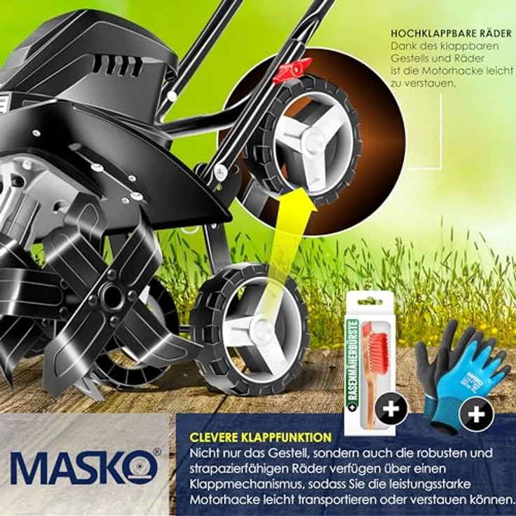 MASKO elektrische Motorhacke 1500 Watt, 40cm Arbeitsbreite, 20cm Arbeitstiefe, klappbarer Handgriff, Metallgehäuse, Transporträder Schwarz - Preisvergleich – Bild 5