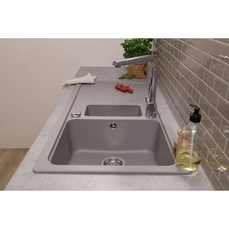 Respekta Austin Massivgranit Spüle 100 x 50 cm, 1,5 Becken, hitzebeständig, abgeschrägte Abtropffläche, grau – Bild 5