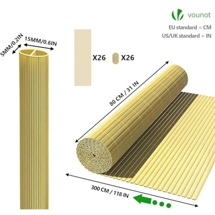 VOUNOT PVC Sichtschutzmatte 80 x 300 cm, verstärkt, undurchsichtig, für Garten und Balkon, Farbe Bambus – Bild 5