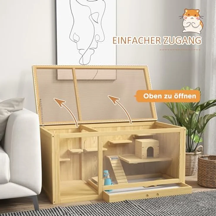 PawHut Hamsterkäfig aus Holz, 100 cm Kleintierstall, Spielhaus für Gerbils mit Schaukeln, Leitern, zu öffnendes Dach, Hütte, Natur – Bild 4