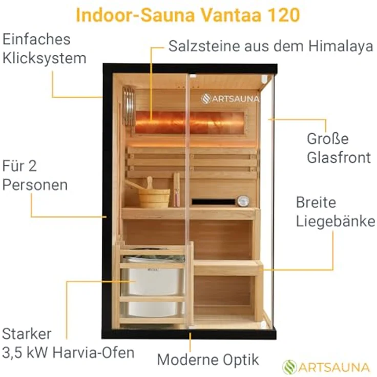 Artsauna Sauna Vantaa 120, Moderne 2 Personen Saunakabine mit Salzsteinen und Ambientebeleuchtung, Schwarz/Natur – Bild 3