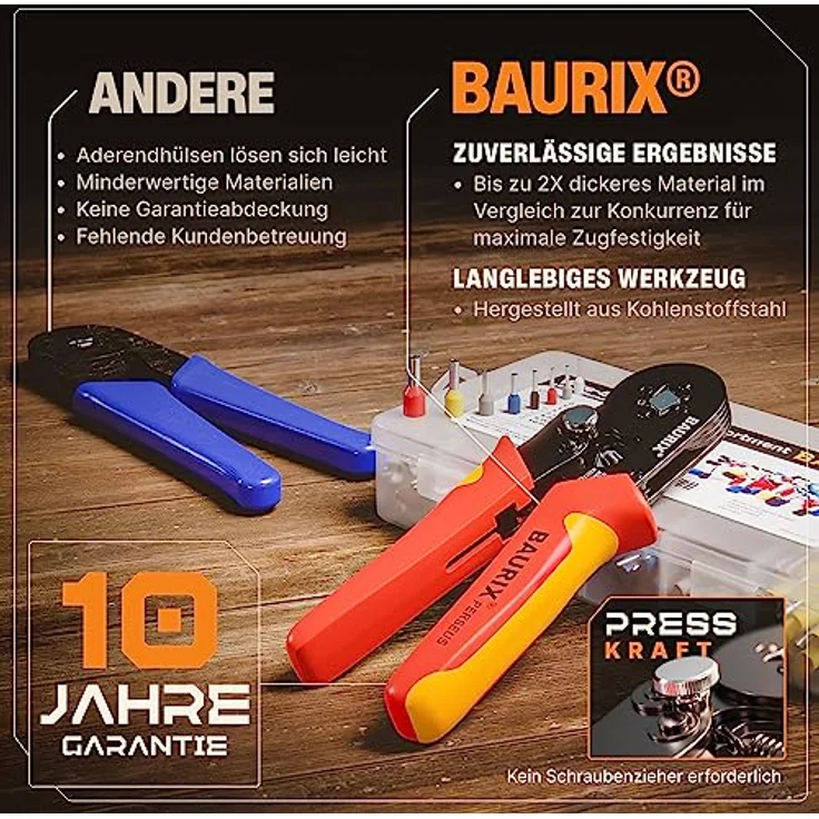 BAURIX® Crimpzange Set mit 1800 Aderendhülsen Set I Aderendhülsenzange selbsteinstellend [Für 0,25-10mm²] I Krimpzange, Crimpzangen, Crimp Zange, Presszange – Bild 5