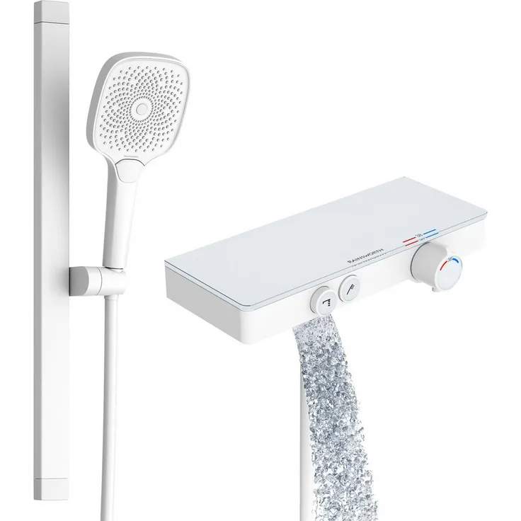 Rainsworth Duschsystem mit Thermostat und Glasablage, 3 Strahlart(en), 26x26 cm, und Unterer Auslauf - Duschset Regendusche mit Armatur, Matt Weiß - Preisvergleich