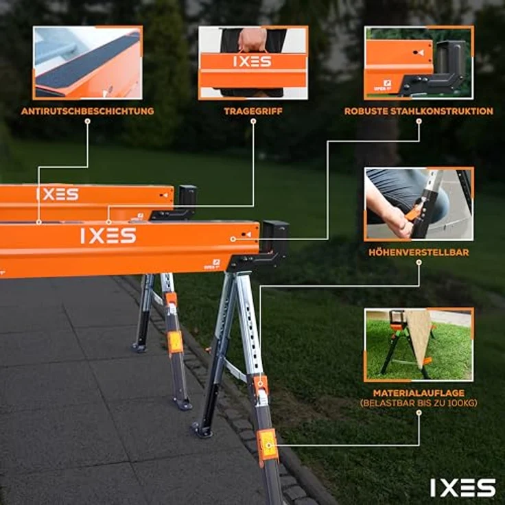 IXES Arbeitsbock höhenverstellbar | Profi Sägebock | 2 Arbeitsböcke | max. 1200 kg Traglast | Arbeitshöhe 618-820 mm | Metall Klappbock | Anti-Rutsch-Beschichtung | Metallbock, Unterstellbock - Preisvergleich – Bild 4