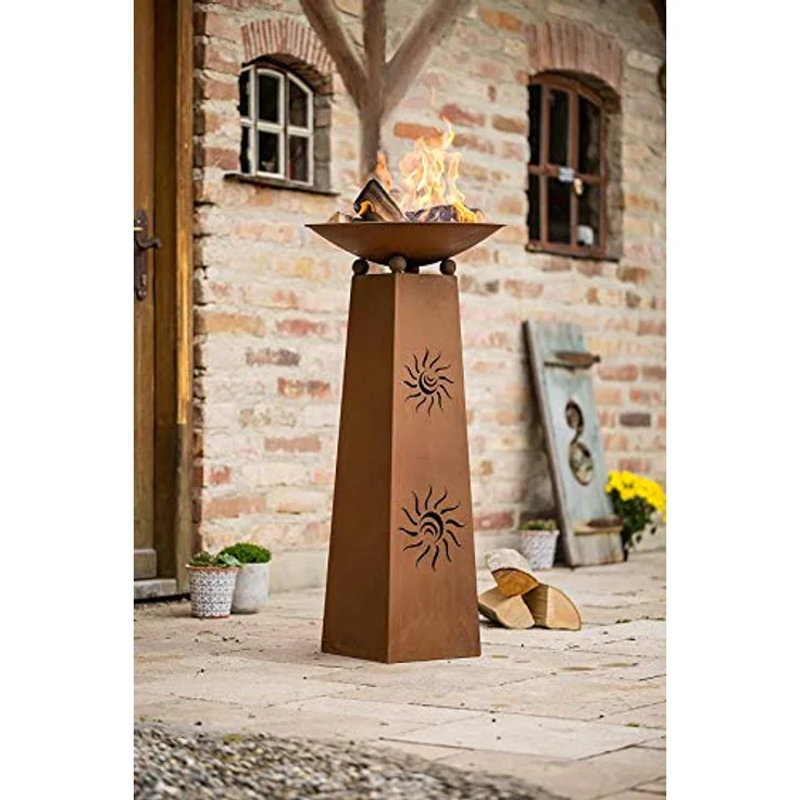 Dekoleidenschaft Deko-Säule Sonne + Feuerschale aus Metall in Rost-Optik, Feuerstelle, Garten-Deko, abnehmbare Feuerschale, moderne Rostoptik, 103 cm Höhe – Bild 1