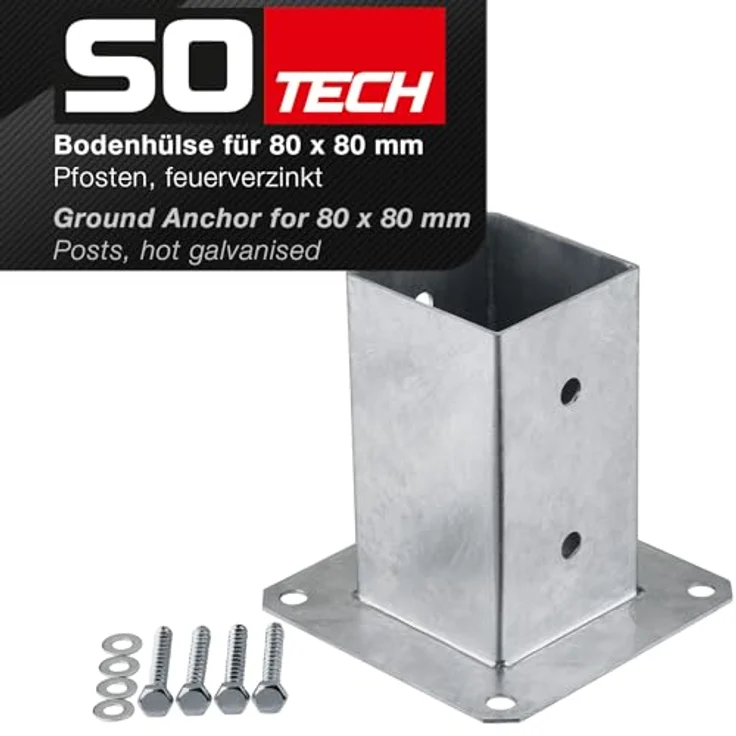SO-TECH® Pfostenträger für Vierkantholz, feuerverzinkt, 2er Set, Höhe 152 mm, für Gartenpfosten 80 x 80 mm mit 8 Schrauben – Bild 2