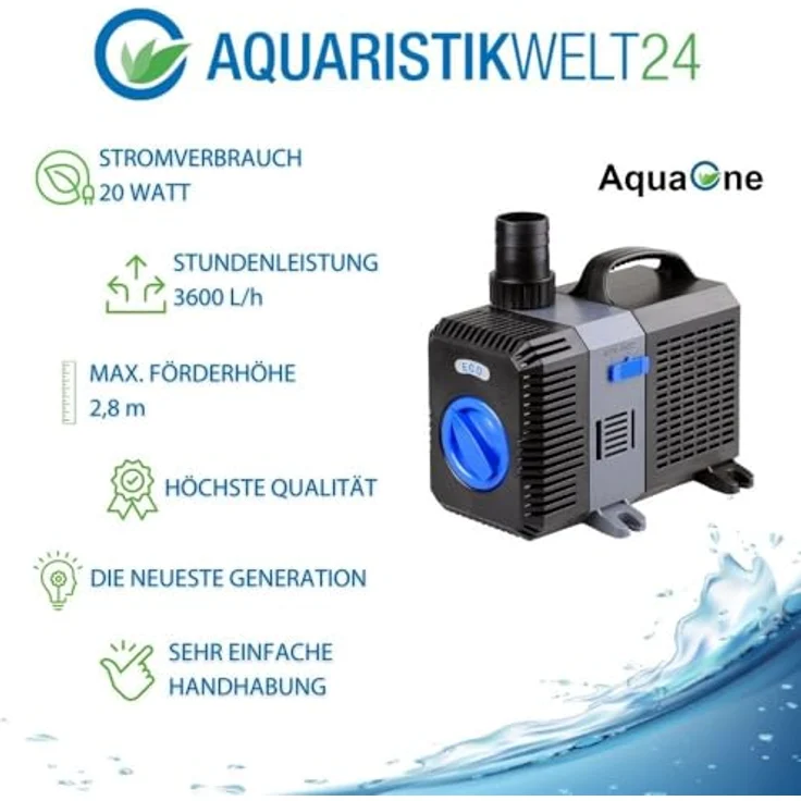 Aquaristikwelt24 CTP-3800 Aquarium & Teichpumpe, 20 Watt Motor, 3600 l/h, stufenlos regelbar, für Schmutzpartikel bis 6 mm – Bild 2