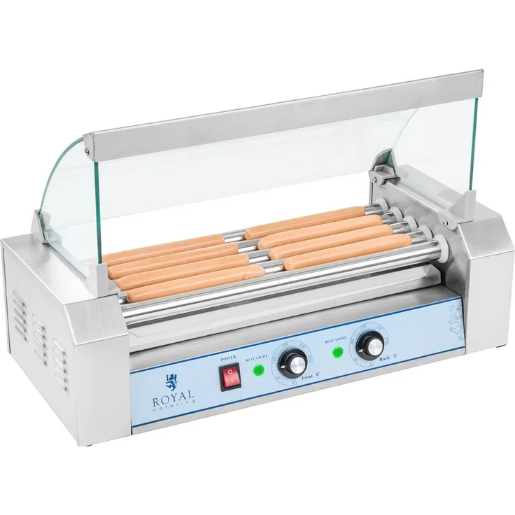 Royal Catering Elektrogrill Hot Dog Maker Hot Dog Grill Gerät Edelstahl 5, 1000 W, Glasabdeckung, Transportabel