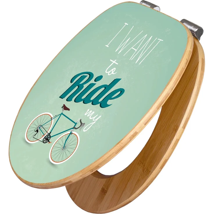 Banjado Bambus Holz WC Sitz mit Absenkautomatik, Toilettendeckel Soft Close mit Motiv "I Want To Ride My Bike", 45,8x37,5cm
